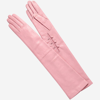 Elena (pink) - Italian silk lined 12-button length leather opera gloves