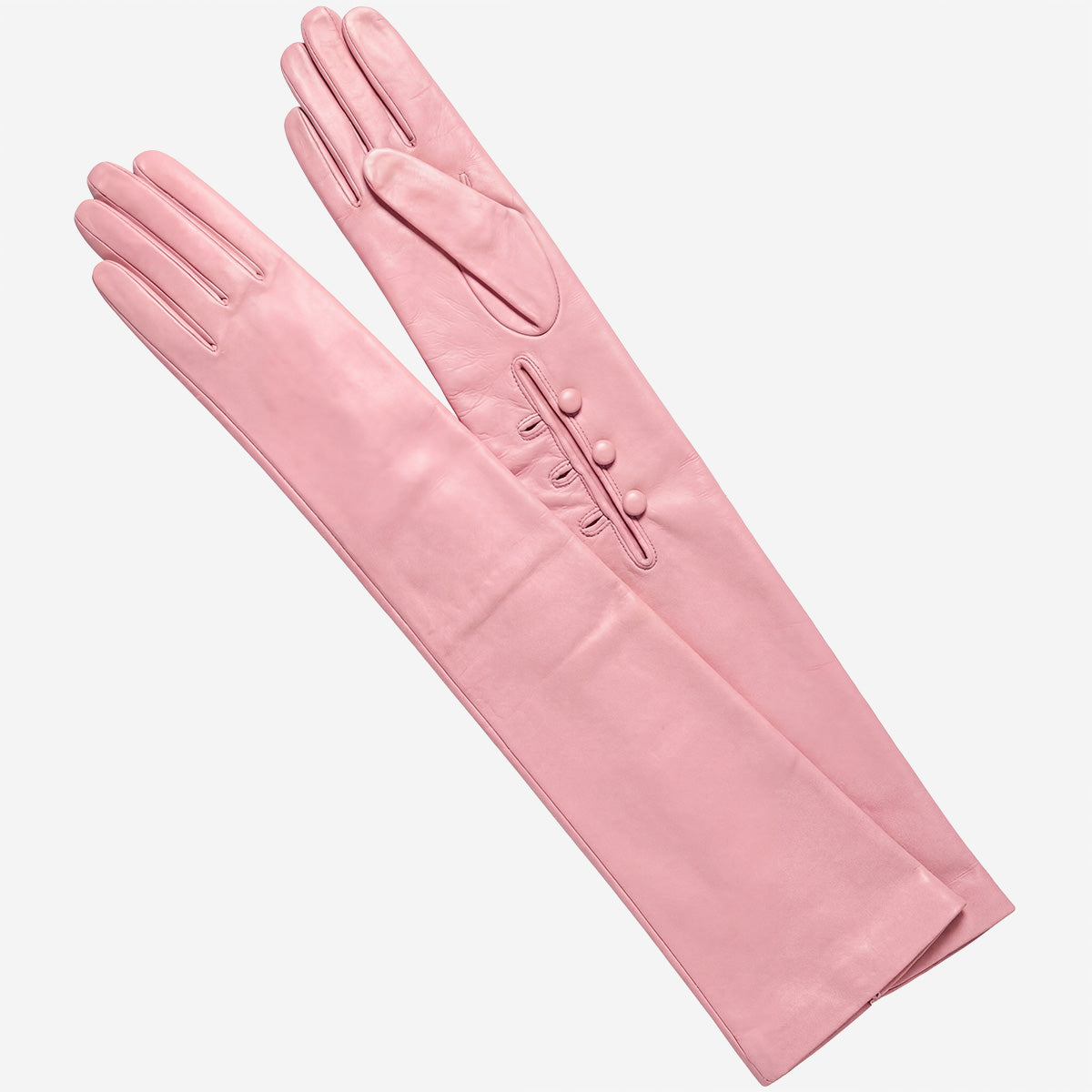 Pink Italian silk-lined leather opera gloves with 16 buttons, elegant and stylish, designed for formal occasions and sophisticated attire.