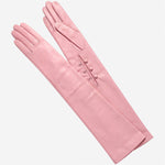 Pink Italian silk-lined leather opera gloves with 16 buttons, elegant and stylish, designed for formal occasions and sophisticated attire.