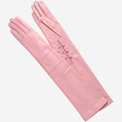 Pink Italian silk-lined leather opera gloves with 16 buttons, elegant and stylish, designed for formal occasions and sophisticated attire.