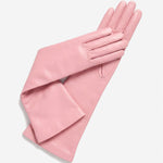 Pink Italian silk-lined leather opera gloves with 8 buttons, elegant and stylish, designed for formal occasions.
