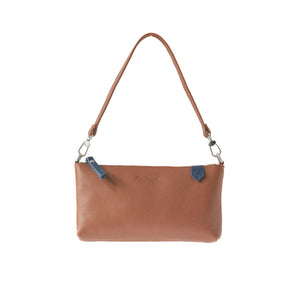 Tan Elia convertible leather shoulder bag by Tin Marin, featuring a sleek design with clutch, shoulder, and crossbody options.