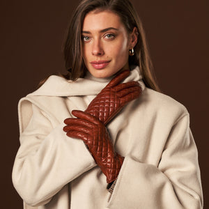 Emilia (brown) - Classic Italian lambskin leather gloves with cashmere lining and checkered pattern