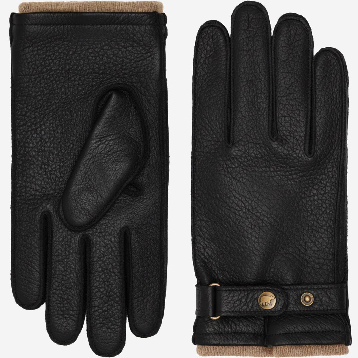 Black Emilio deerskin winter gloves by Leather Gloves Online with cashmere lining and adjustable snap button.