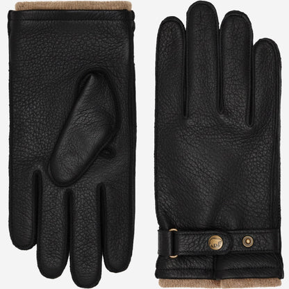 Black Emilio deerskin winter gloves by Leather Gloves Online with cashmere lining and adjustable snap button.