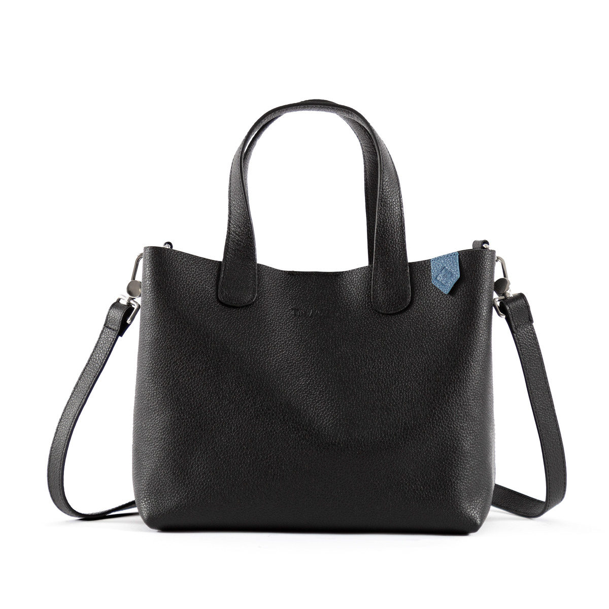 Black Emma leather small crossbody bag by Tin Marin Brand, featuring a sleek design and adjustable strap.