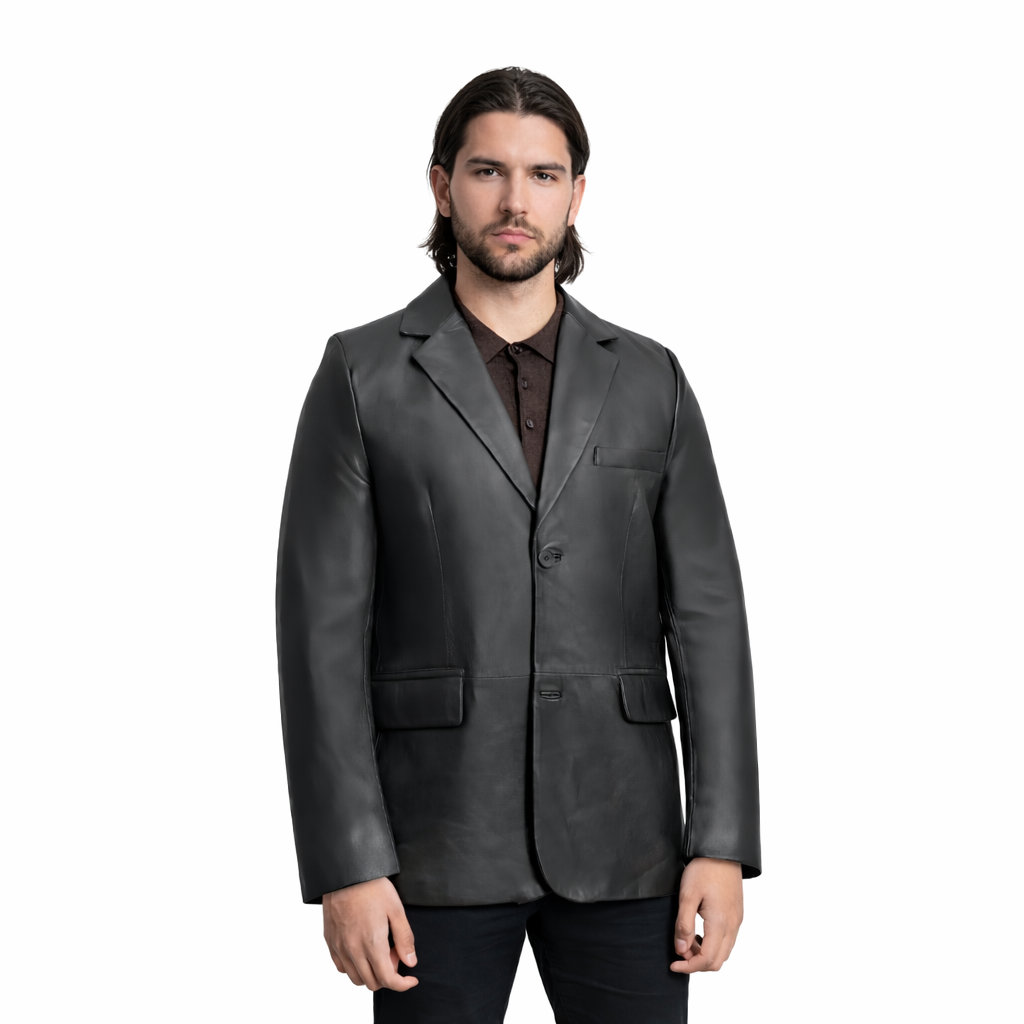Whet Blu NYC Dom men's black leather blazer jacket front view