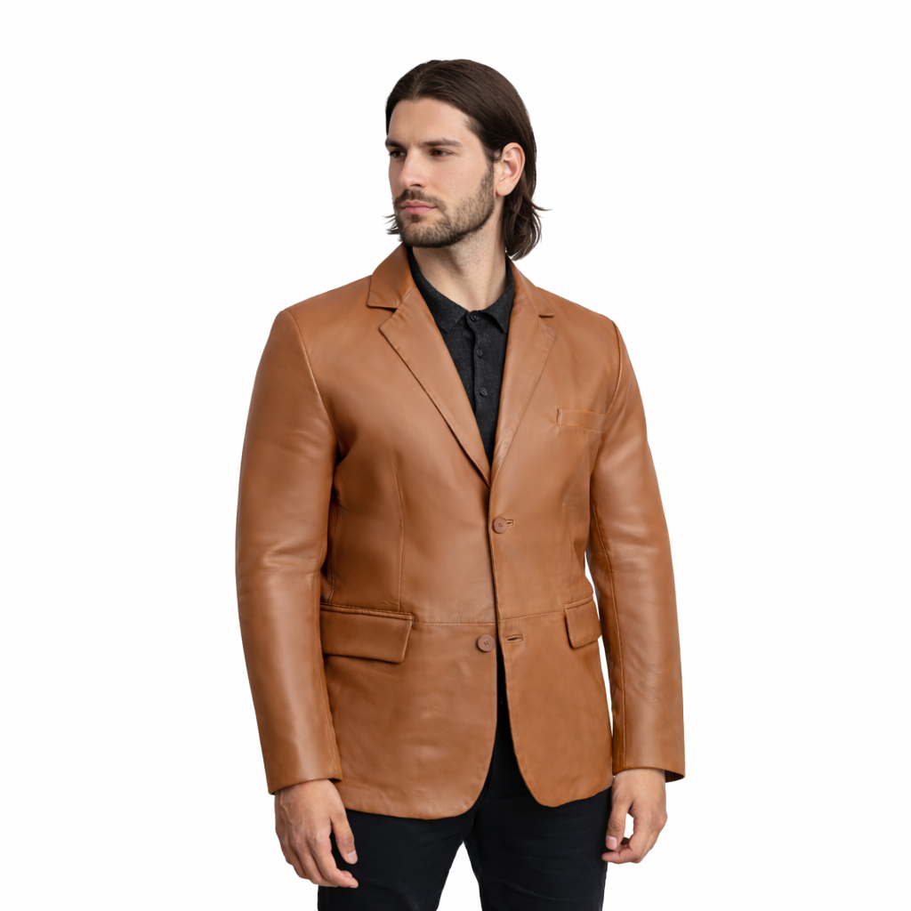 Whet Blu NYC Dom men's leather blazer in whiskey brown, front view