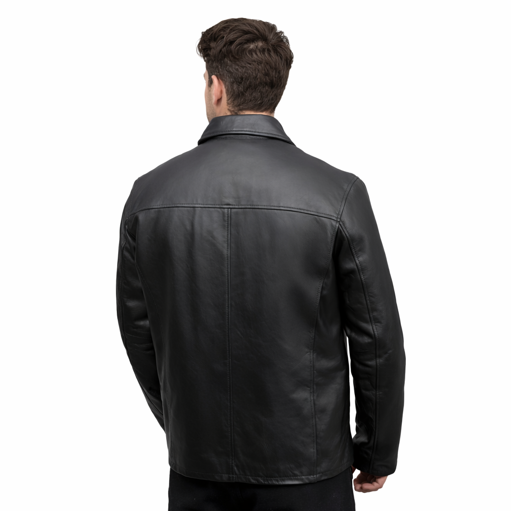 Back view of Whet Blu NYC Ethan men's lambskin leather jacket in black with smooth panel detailing