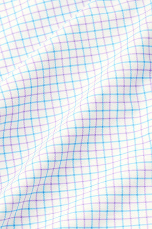 Blue and purple windowpane Twillory event shirt with a classic fit and tailored design, showcasing its stylish fabric pattern.