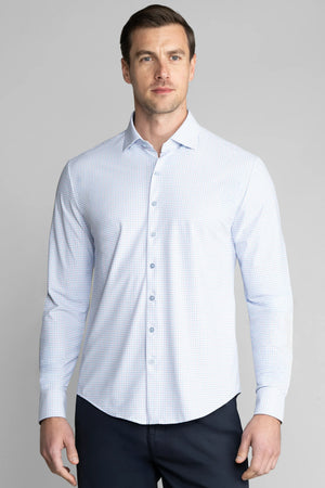 Blue and purple windowpane event shirt by Twillory, front view showcasing tailored fit and classic pattern.