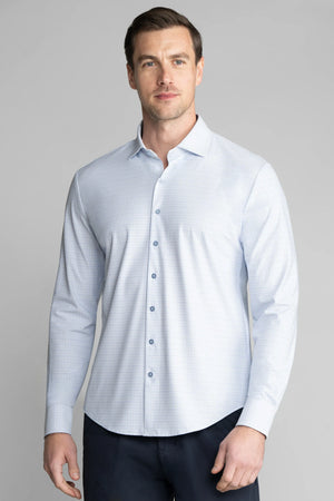 Light blue windowpane event shirt by Twillory featuring a grid pattern and a classic collar, front view.