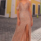 Nox Anabel F1468 Long Draped Off the Shoulder Sleeve Sequin/Beaded Gown