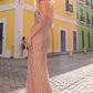 Nox Anabel F1468 Long Draped Off the Shoulder Sleeve Sequin/Beaded Gown