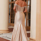 Nox Anabel F1568 Satin Beaded Off-Shoulder Boned Waistline Dress