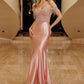 Nox Anabel F1568 Satin Beaded Off-Shoulder Boned Waistline Dress