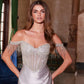 Nox Anabel F1568 Satin Beaded Off-Shoulder Boned Waistline Dress