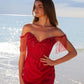 Nox Anabel F1571 Fringed Off-Shoulder Sequin Sweetheart Neckline Dress