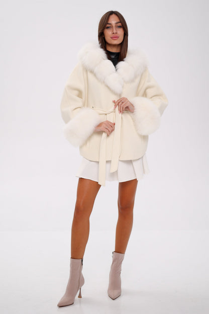 Pre-Order. Re-Stock Ships September 2026. Genuine Polar Fox Fur Wool Hooded Coat