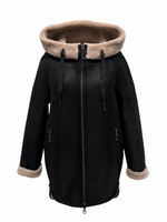 Alaska® Grazia reversible faux shearling hooded coat in dark chocolate and beige, front view