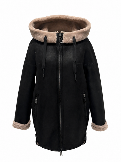 Alaska® Grazia reversible faux shearling hooded coat in dark chocolate and beige, front view
