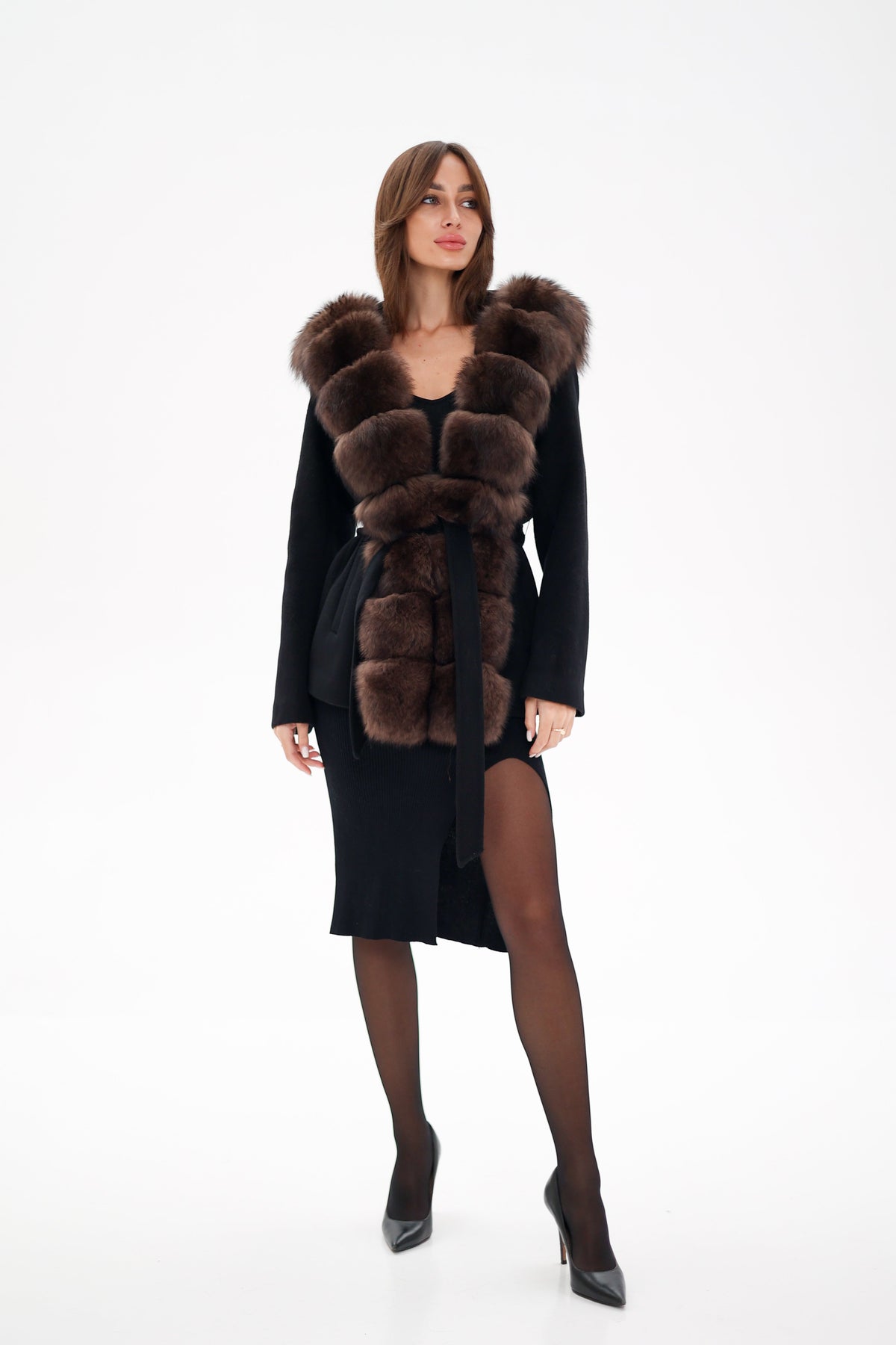 Alaska Outerwear Company polar fox fur hooded virgin wool coat in black