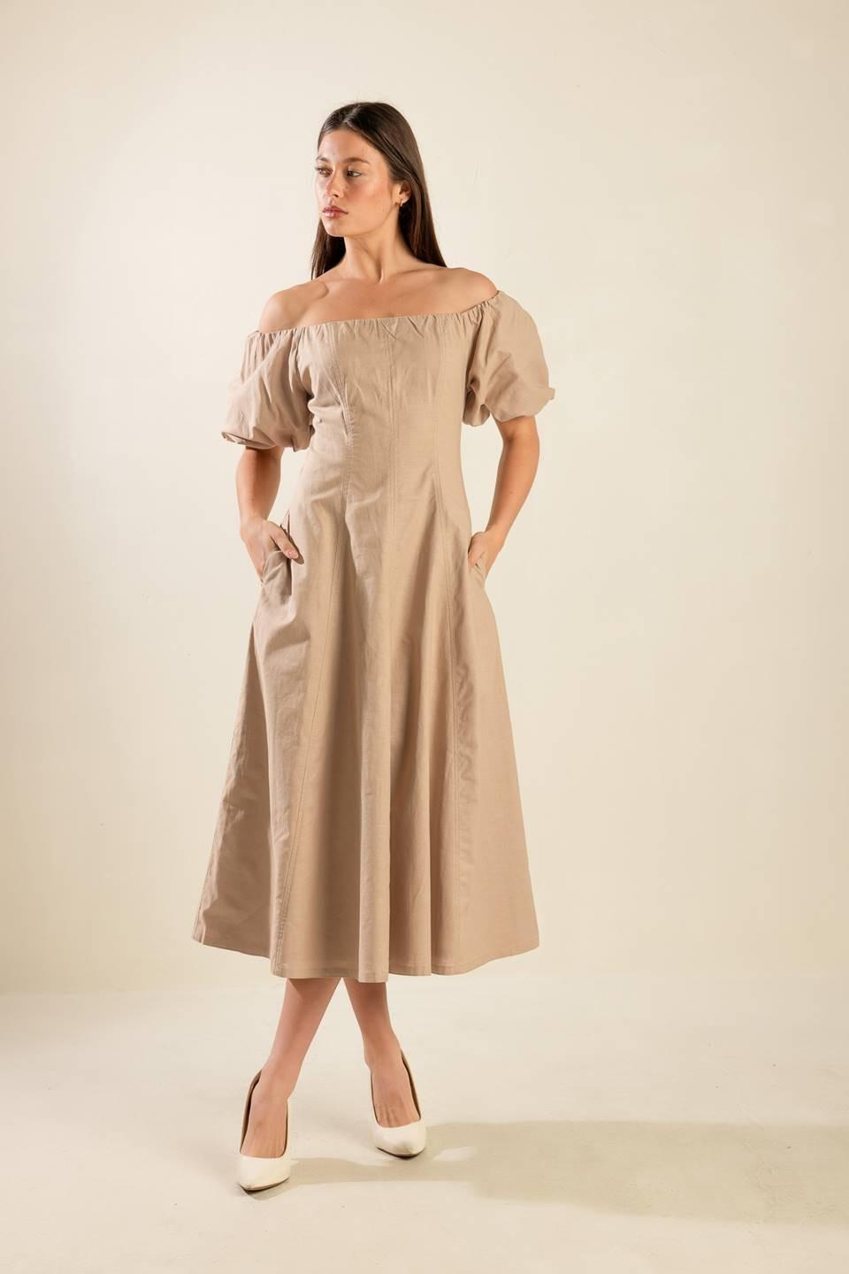 Flying Tomato taupe woven midi dress, protecting my peace design, stylish and comfortable for casual wear.