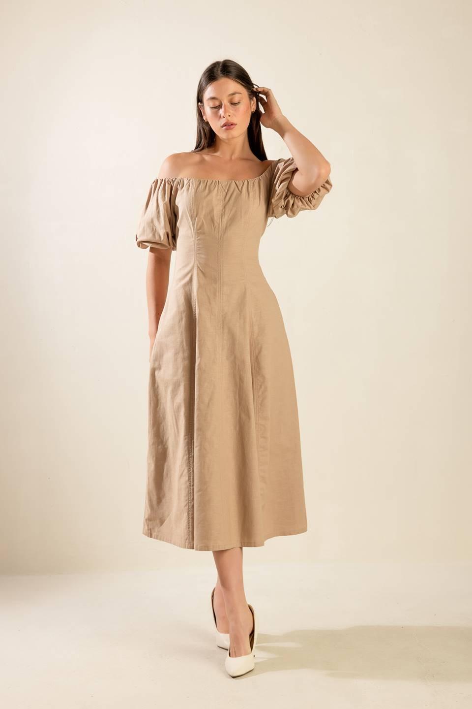 Taupe woven midi dress by Flying Tomato featuring a stylish, relaxed fit perfect for casual or semi-formal wear.