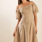 Flying Tomato protecting my peace taupe woven midi dress, lightweight fabric, sleeveless design, and elegant midi length.