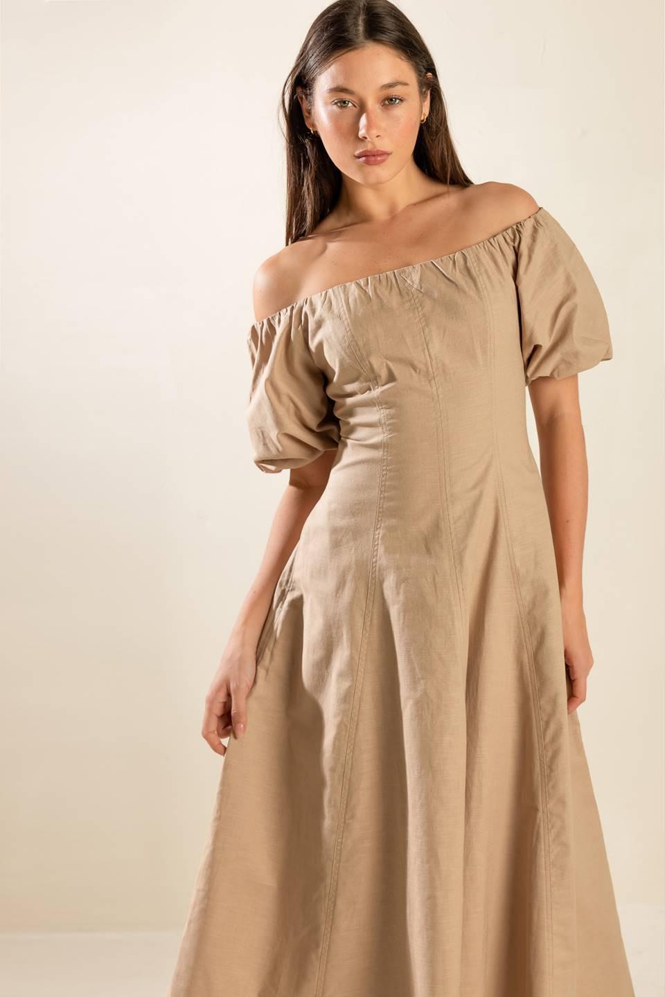 Flying Tomato protecting my peace taupe woven midi dress, lightweight fabric, sleeveless design, and elegant midi length.