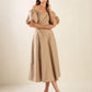 Flying Tomato taupe woven midi dress with a flowing silhouette and intricate detailing, perfect for casual or semi-formal wear.