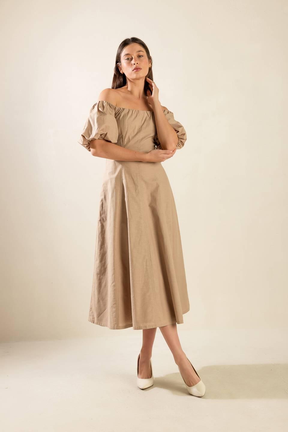 Flying Tomato taupe woven midi dress with a flowing silhouette and intricate detailing, perfect for casual or semi-formal wear.