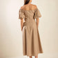 Flying Tomato taupe woven midi dress with a relaxed fit, featuring a stylish, textured design perfect for casual or dressy occasions.