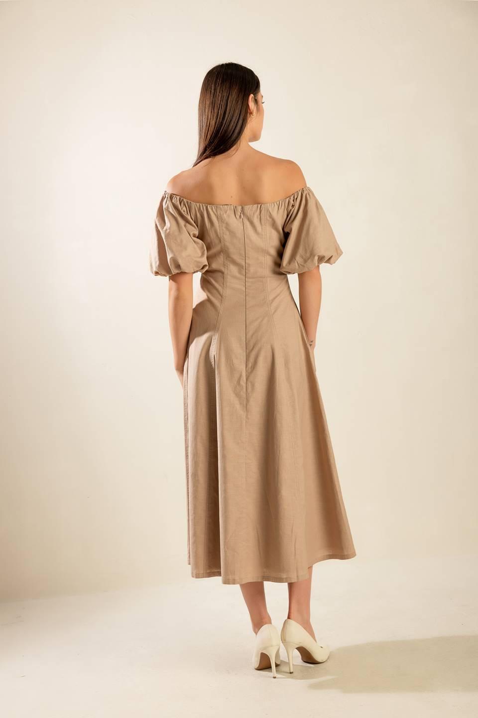 Flying Tomato taupe woven midi dress with a relaxed fit, featuring a stylish, textured design perfect for casual or dressy occasions.