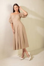 Flying Tomato taupe woven midi dress from the Protecting My Peace collection, featuring a stylish and comfortable design.