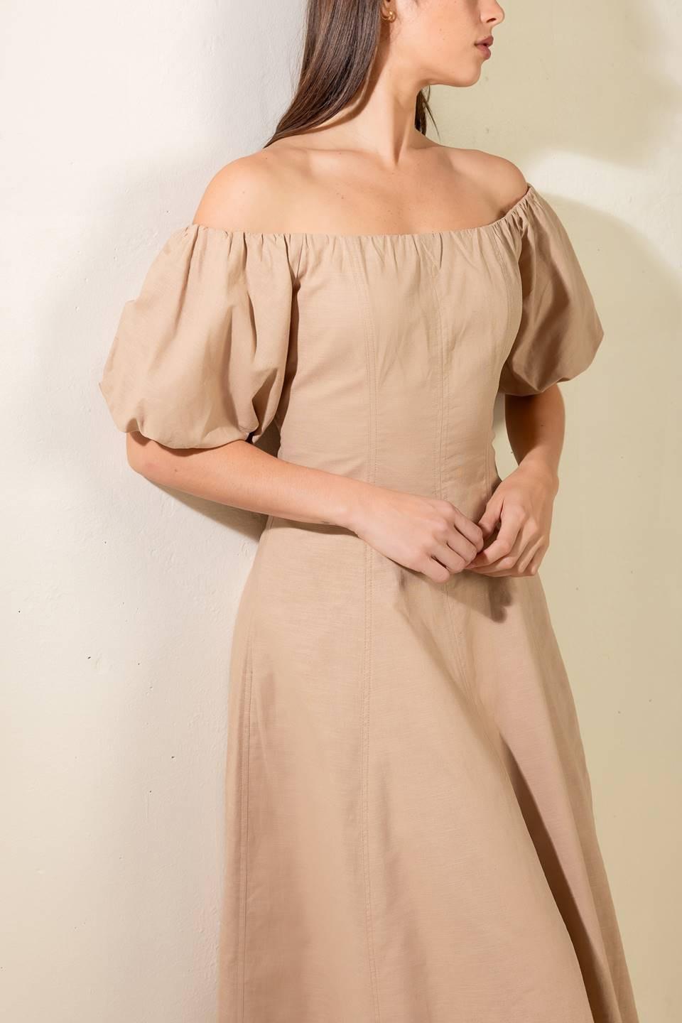 Flying Tomato taupe woven midi dress with a relaxed fit, featuring a sleeveless design and subtle texture.