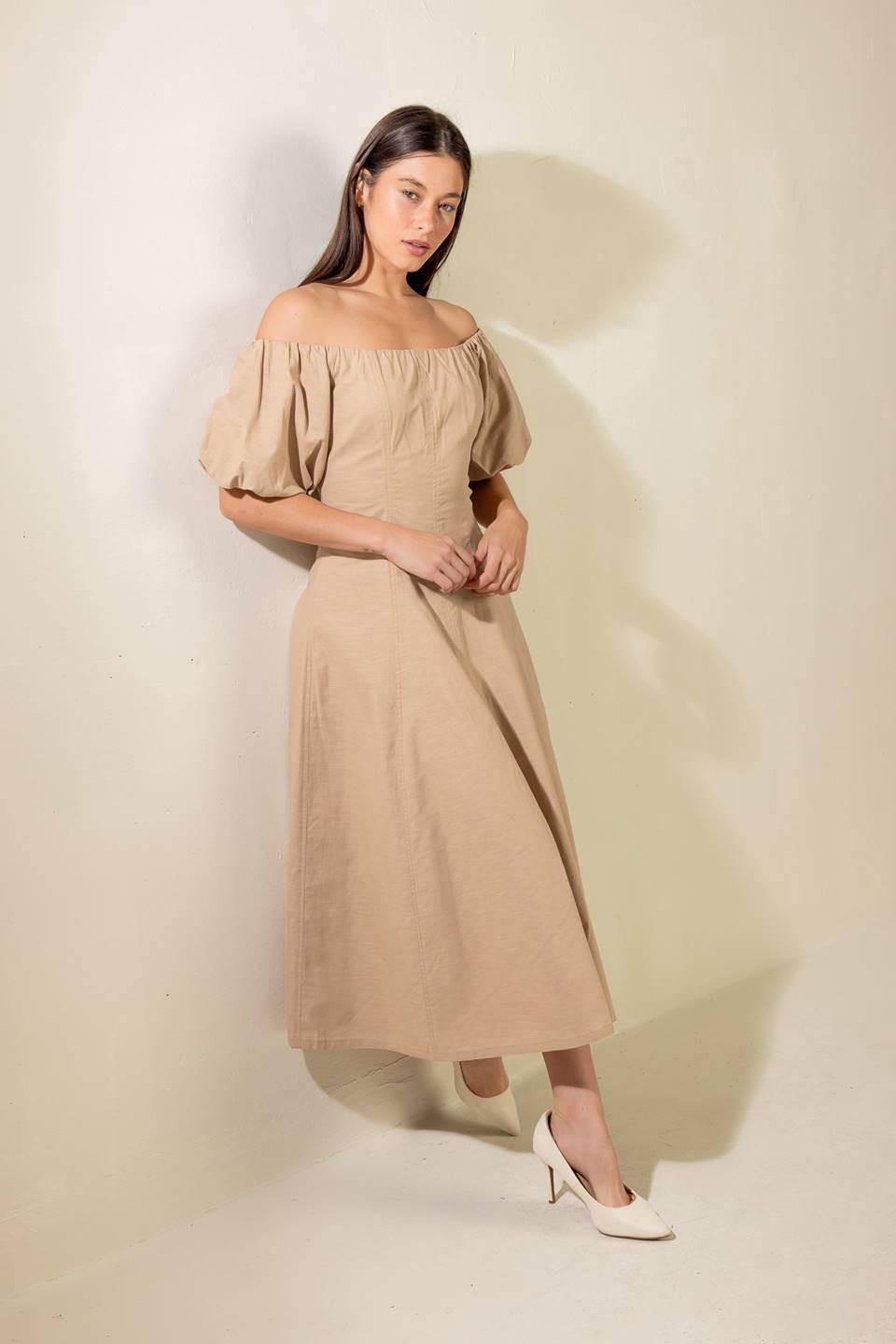 Flying Tomato taupe woven midi dress with sleeveless design and subtle textured fabric, perfect for casual or elegant occasions.