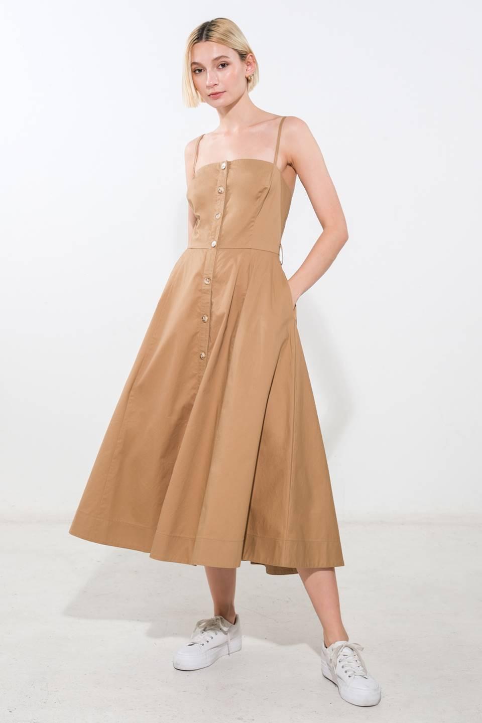 Flying Tomato Proof of Perfection woven midi dress in camel color, featuring a stylish and comfortable design.
