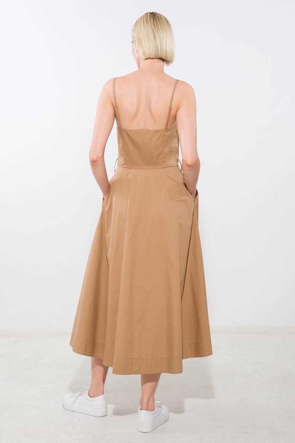 Flying Tomato proof of perfection woven midi dress in camel, showcasing a stylish sleeveless design and elegant midi length.