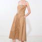 Flying Tomato Proof of Perfection woven midi dress in camel color, showcasing a stylish, flowy fabric with a fitted waist and elegant design.