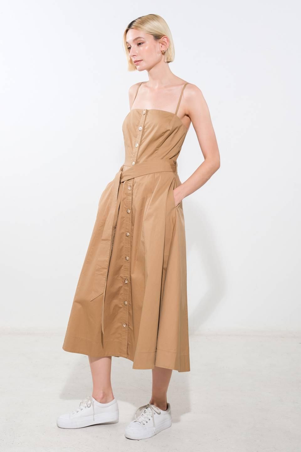 Flying Tomato Proof of Perfection woven midi dress in camel color, showcasing a stylish, flowy fabric with a fitted waist and elegant design.