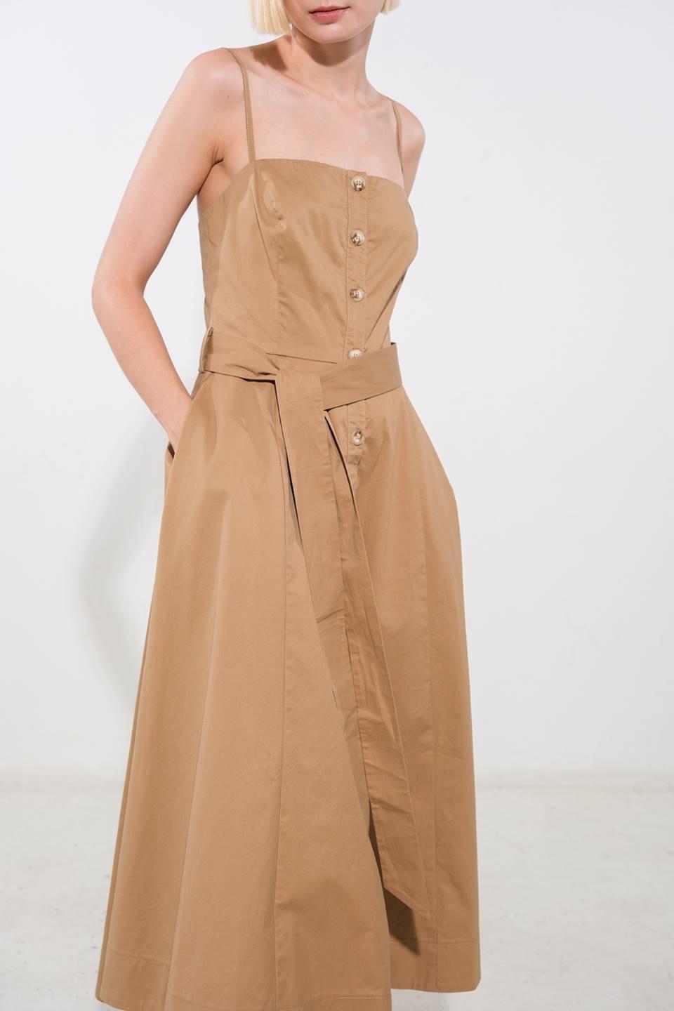 Flying Tomato Proof of Perfection woven midi dress in camel color, featuring a stylish, flowy design and elegant fabric.