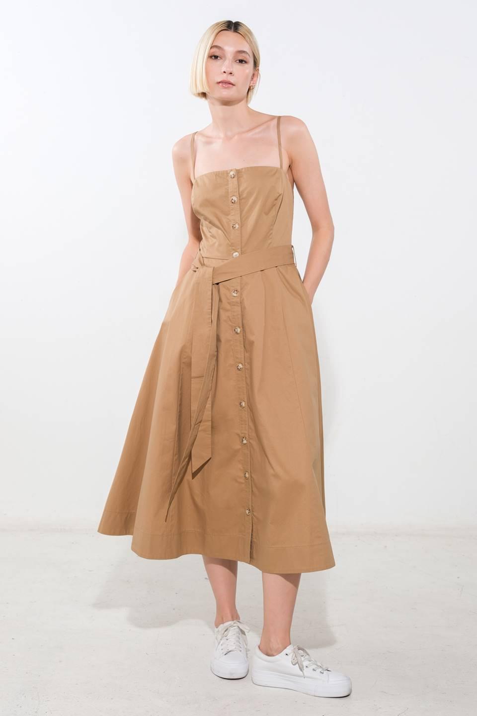 Flying Tomato proof of perfection woven midi dress in camel fabric, featuring a stylish and comfortable design.