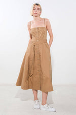 Flying Tomato proof of perfection woven midi dress in camel fabric, featuring a stylish and comfortable design.