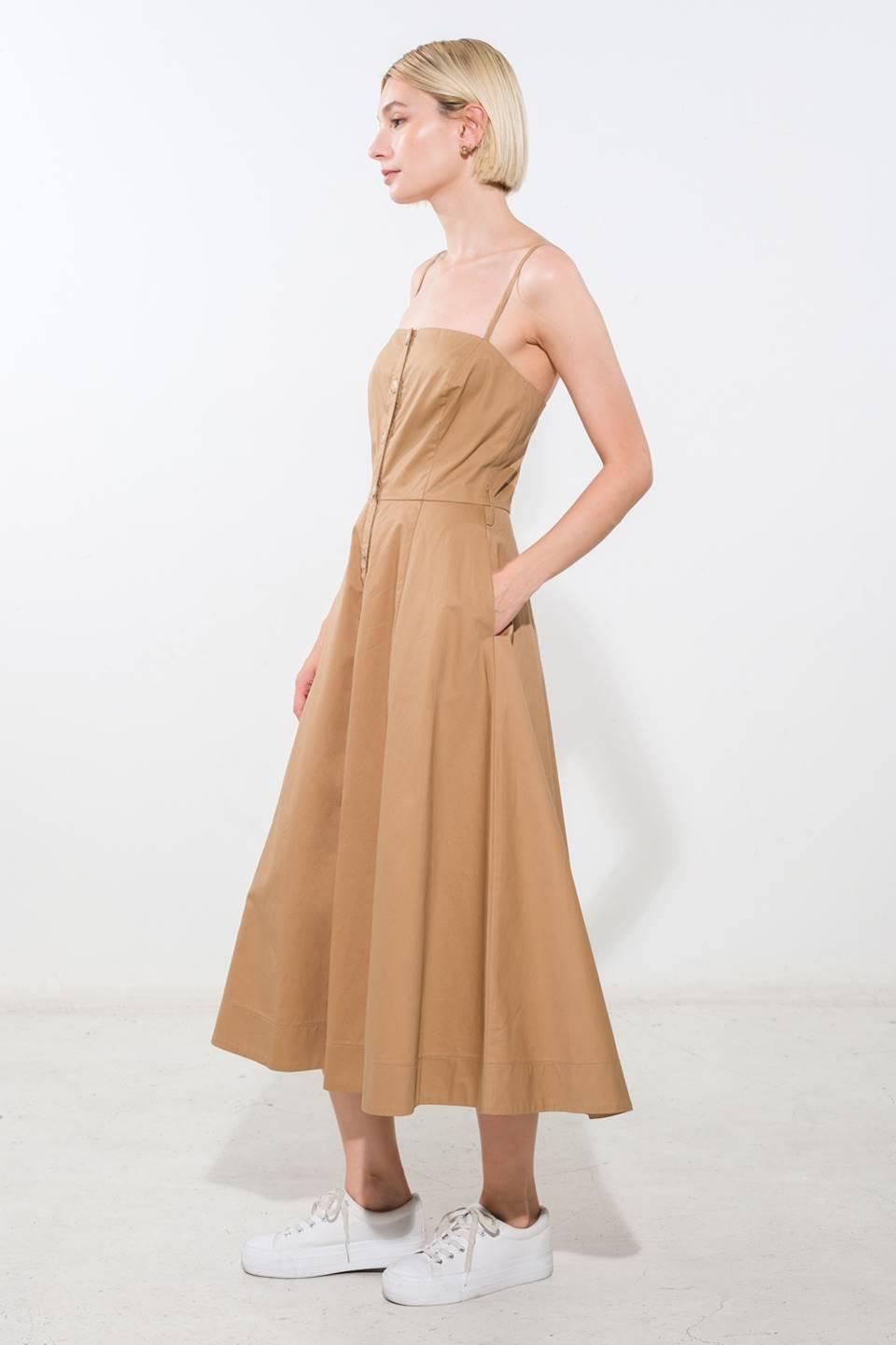Flying Tomato proof of perfection woven midi dress in camel color, stylish and comfortable for casual or dressy occasions.
