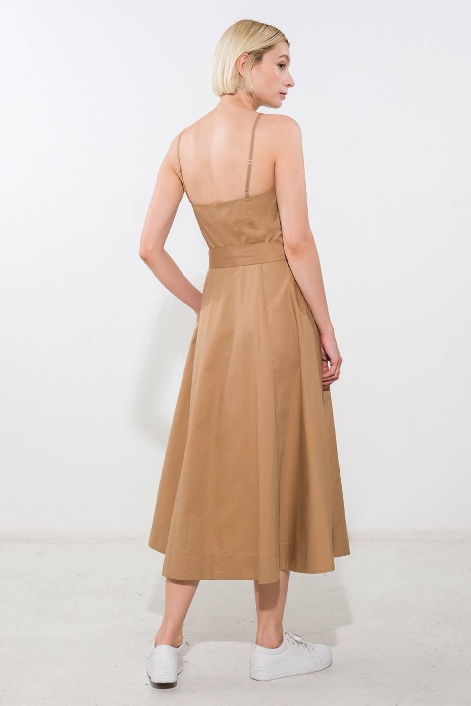 Flying Tomato proof of perfection woven midi dress in camel with a stylish, flowing design and elegant midi length.
