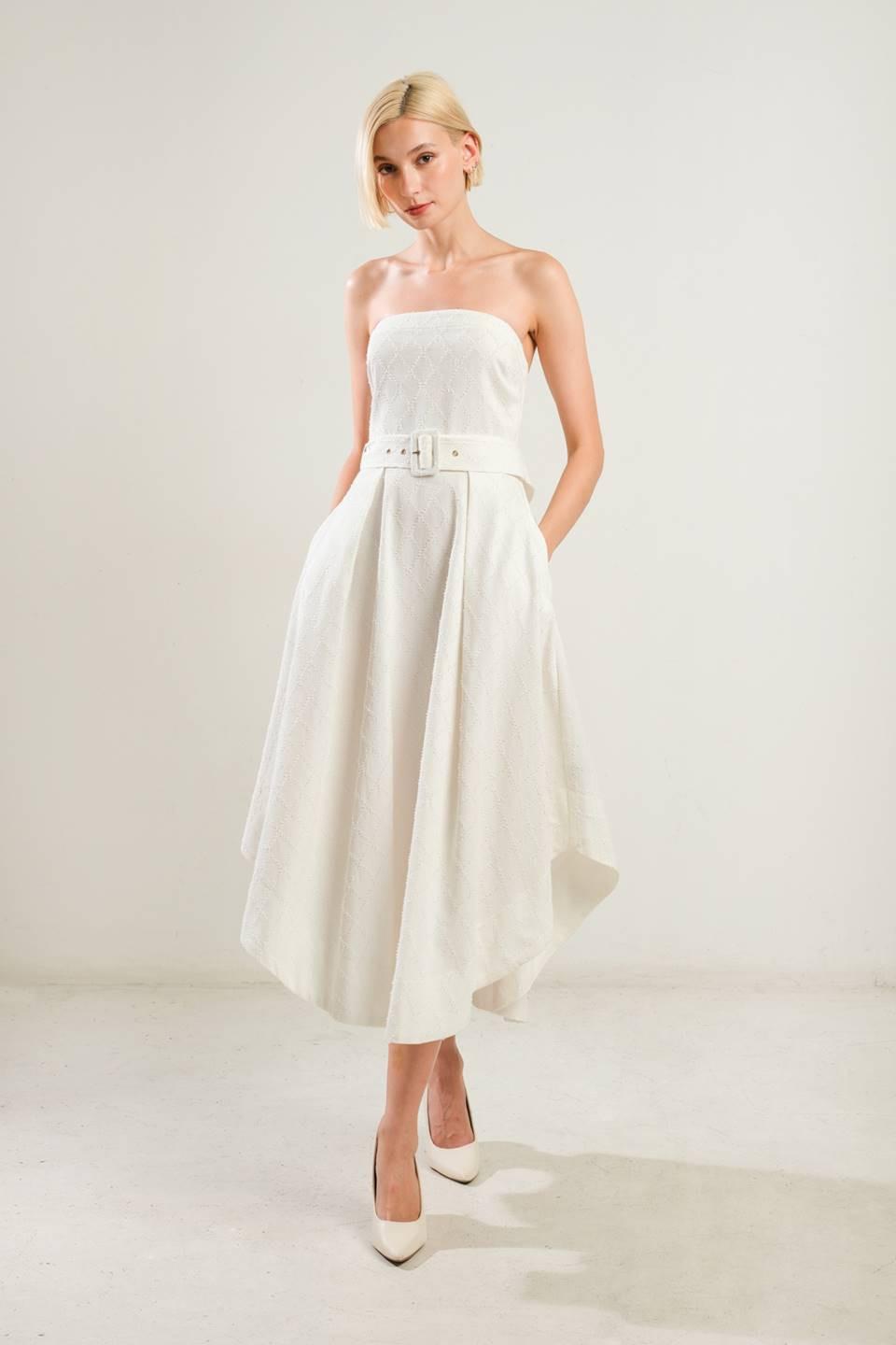 Flying Tomato Life's Compass woven midi dress in white with a flowy silhouette and intricate woven details.