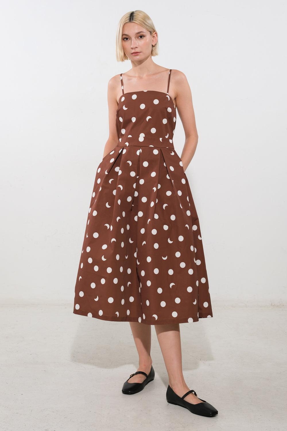 Brown Flying Tomato Harmony Horizon woven midi dress with a relaxed fit, featuring a stylish, comfortable design for casual wear.