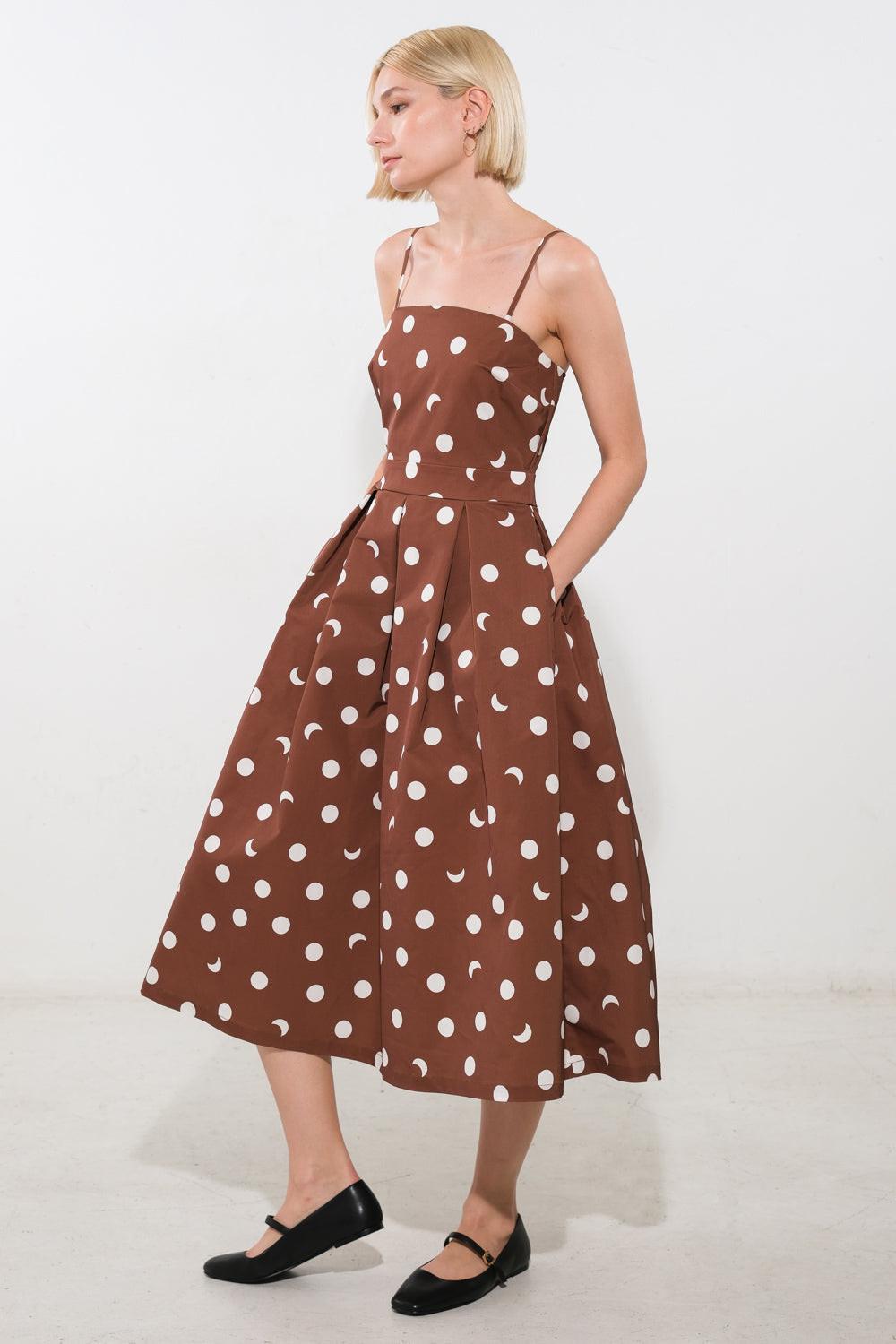 Brown woven midi dress from Flying Tomato's Harmony Horizon collection, featuring a flowing, stylish design perfect for casual wear.