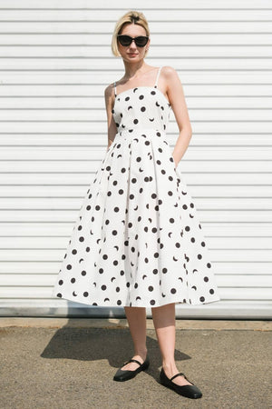 Flying Tomato Harmony Horizon woven midi dress in white, featuring a relaxed fit and elegant design, perfect for casual or dressy occasions.